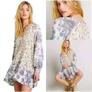 Free People Floral Lucky Loosey Dress Sz XS Long Sleeve Boho Ivory (18” P2P)‎